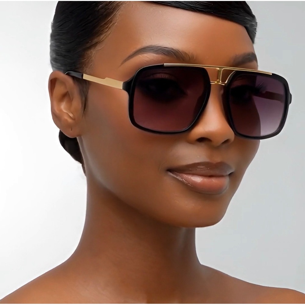 Women Oversized Square Fashion Sunglasses Black Gold Flat Top Gradient Lenses - Picture 7 of 11